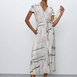 Aritzia Babaton Slit Wrap Dress Cream Nude Black Abstract Geometric Print Maxi S